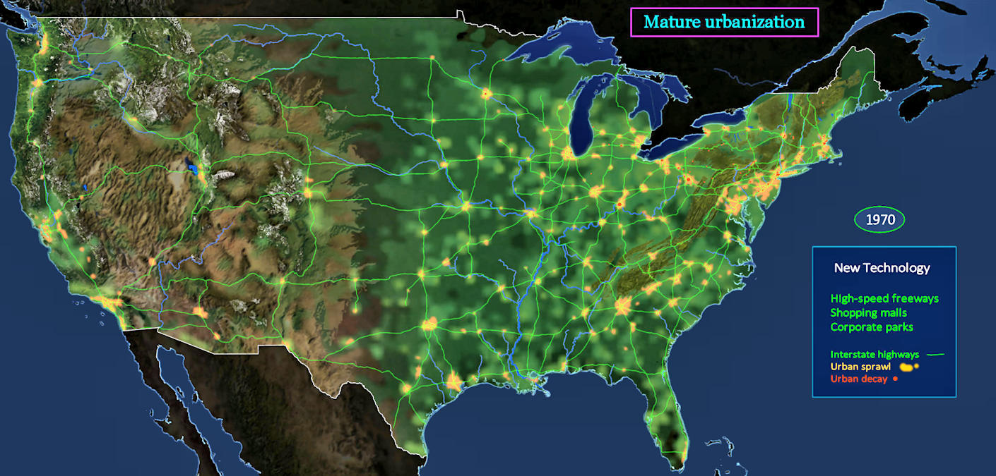 Interstates, urbanization, 1970 map